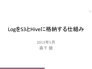 LogをS3とHiveに格納する仕組み	
2013年5月	
  
森下 健	
56	
 