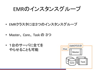 EMRのインスタンスグループ	
•  EMRクラスタには３つのインスタンスグループ	
  
•  Master、	
  Core、	
  Task	
  の ３つ	
  
•  １台のサーバに全てを	
  
やらせることも可能	
  
77	
Master	
Core	
Core	
Task	
Task	
EMRクラスタ	
Hive	
 