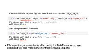 • File ingestion gets even faster after saving the DataFrame to a single
optimized file, also more convenient to store as a single file
 