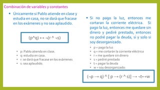 • p = pago la luz
• q = me cortarán la corriente eléctrica
• r = me quedare sin dinero
• s = pediré prestado
• t = pagar la deuda
• w = soy desorganizado:
Combinación de variables y constantes
(p^q) ↔ ¬(r ^ ¬s)
 Únicamente si Pablo atiende en clase y
estudia en casa, no se dará que fracase
en los exámenes y no sea aplaudido.
• p: Pablo atienda en clase.
• q: estudia en casa.
• r: se dará que fracase en los exámenes
• s: sea aplaudido.
 Si no pago la luz, entonces me
cortaran la corriente eléctrica. Si
pago la luz, entonces me quedare sin
dinero y pediré prestado, entonces
no podré pagar la deuda, si y solo si
soy desorganizado.
(¬p → q) ^ [ p → (r ^ s)] → ¬t↔w
 