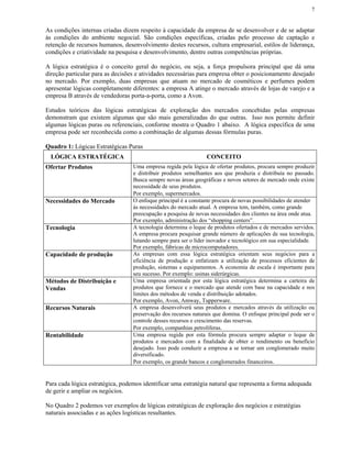 7


As condições internas criadas dizem respeito à capacidade da empresa de se desenvolver e de se adaptar
às condições do ambiente negocial. São condições específicas, criadas pelo processo de captação e
retenção de recursos humanos, desenvolvimento destes recursos, cultura empresarial, estilos de liderança,
condições e criatividade na pesquisa e desenvolvimento, dentre outras competências próprias.

A lógica estratégica é o conceito geral do negócio, ou seja, a força propulsora principal que dá uma
direção particular para as decisões e atividades necessárias para empresa obter o posicionamento desejado
no mercado. Por exemplo, duas empresas que atuam no mercado de cosméticos e perfumes podem
apresentar lógicas completamente diferentes: a empresa A atinge o mercado através de lojas de varejo e a
empresa B através de vendedoras porta-a-porta, como a Avon.

Estudos teóricos das lógicas estratégicas de exploração dos mercados concebidas pelas empresas
demonstram que existem algumas que são mais generalizadas do que outras. Isso nos permite definir
algumas lógicas puras ou referenciais, conforme mostra o Quadro 1 abaixo. A lógica específica de uma
empresa pode ser reconhecida como a combinação de algumas dessas fórmulas puras.

Quadro 1: Lógicas Estratégicas Puras
  LÓGICA ESTRATÉGICA                                            CONCEITO
Ofertar Produtos                  Uma empresa regida pela lógica de ofertar produtos, procura sempre produzir
                                  e distribuir produtos semelhantes aos que produzia e distribuía no passado.
                                  Busca sempre novas áreas geográficas e novos setores de mercado onde existe
                                  necessidade de seus produtos.
                                  Por exemplo, supermercados.
Necessidades do Mercado           O enfoque principal é a constante procura de novas possibilidades de atender
                                  às necessidades do mercado atual. A empresa tem, também, como grande
                                  preocupação a pesquisa de novas necessidades dos clientes na área onde atua.
                                  Por exemplo, administração dos “shopping centers”.
Tecnologia                        A tecnologia determina o leque de produtos ofertados e de mercados servidos.
                                  A empresa procura pesquisar grande número de aplicações de sua tecnologia,
                                  lutando sempre para ser o líder inovador e tecnológico em sua especialidade.
                                  Por exemplo, fábricas de microcomputadores.
Capacidade de produção            As empresas com essa lógica estratégica orientam seus negócios para a
                                  eficiência de produção e enfatizam a utilização de processos eficientes de
                                  produção, sistemas e equipamentos. A economia de escala é importante para
                                  seu sucesso. Por exemplo: usinas siderúrgicas.
Métodos de Distribuição e         Uma empresa orientada por esta lógica estratégica determina a carteira de
Vendas                            produtos que fornece e o mercado que atende com base na capacidade e nos
                                  limites dos métodos de venda e distribuição adotados.
                                  Por exemplo, Avon, Amway, Tupperware.
Recursos Naturais                 A empresa desenvolverá seus produtos e mercados através da utilização ou
                                  preservação dos recursos naturais que domina. O enfoque principal pode ser o
                                  controle desses recursos e crescimento das reservas.
                                  Por exemplo, companhias petrolíferas.
Rentabilidade                     Uma empresa regida por esta fórmula procura sempre adaptar o leque de
                                  produtos e mercados com a finalidade de obter o rendimento ou benefício
                                  desejado. Isso pode conduzir a empresa a se tornar um conglomerado muito
                                  diversificado.
                                  Por exemplo, os grande bancos e conglomerados financeiros.


Para cada lógica estratégica, podemos identificar uma estratégia natural que representa a forma adequada
de gerir e ampliar os negócios.

No Quadro 2 podemos ver exemplos de lógicas estratégicas de exploração dos negócios e estratégias
naturais associadas e as ações logísticas resultantes.
 