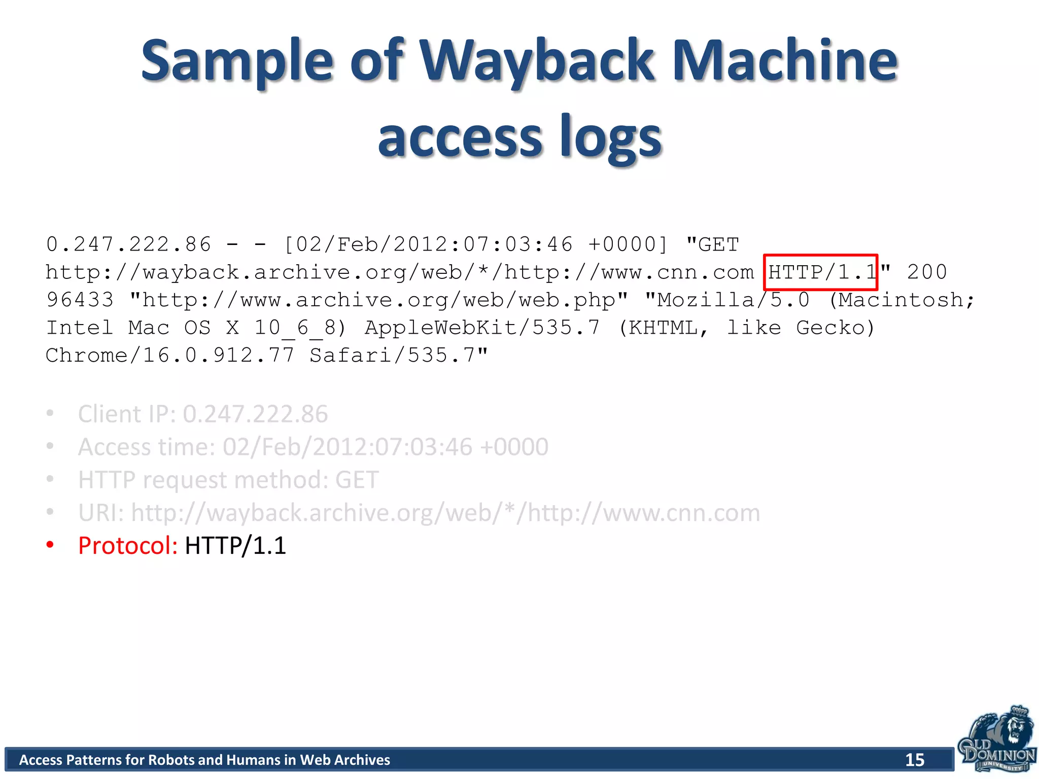 Access Patterns for Robots and Humans in Web Archives
Sample of Wayback Machine
access logs
15
0.247.222.86 - - [02/Feb/2012:07:03:46 +0000] "GET
http://wayback.archive.org/web/*/http://www.cnn.com HTTP/1.1" 200
96433 "http://www.archive.org/web/web.php" "Mozilla/5.0 (Macintosh;
Intel Mac OS X 10_6_8) AppleWebKit/535.7 (KHTML, like Gecko)
Chrome/16.0.912.77 Safari/535.7"
• Client IP: 0.247.222.86
• Access time: 02/Feb/2012:07:03:46 +0000
• HTTP request method: GET
• URI: http://wayback.archive.org/web/*/http://www.cnn.com
• Protocol: HTTP/1.1
 