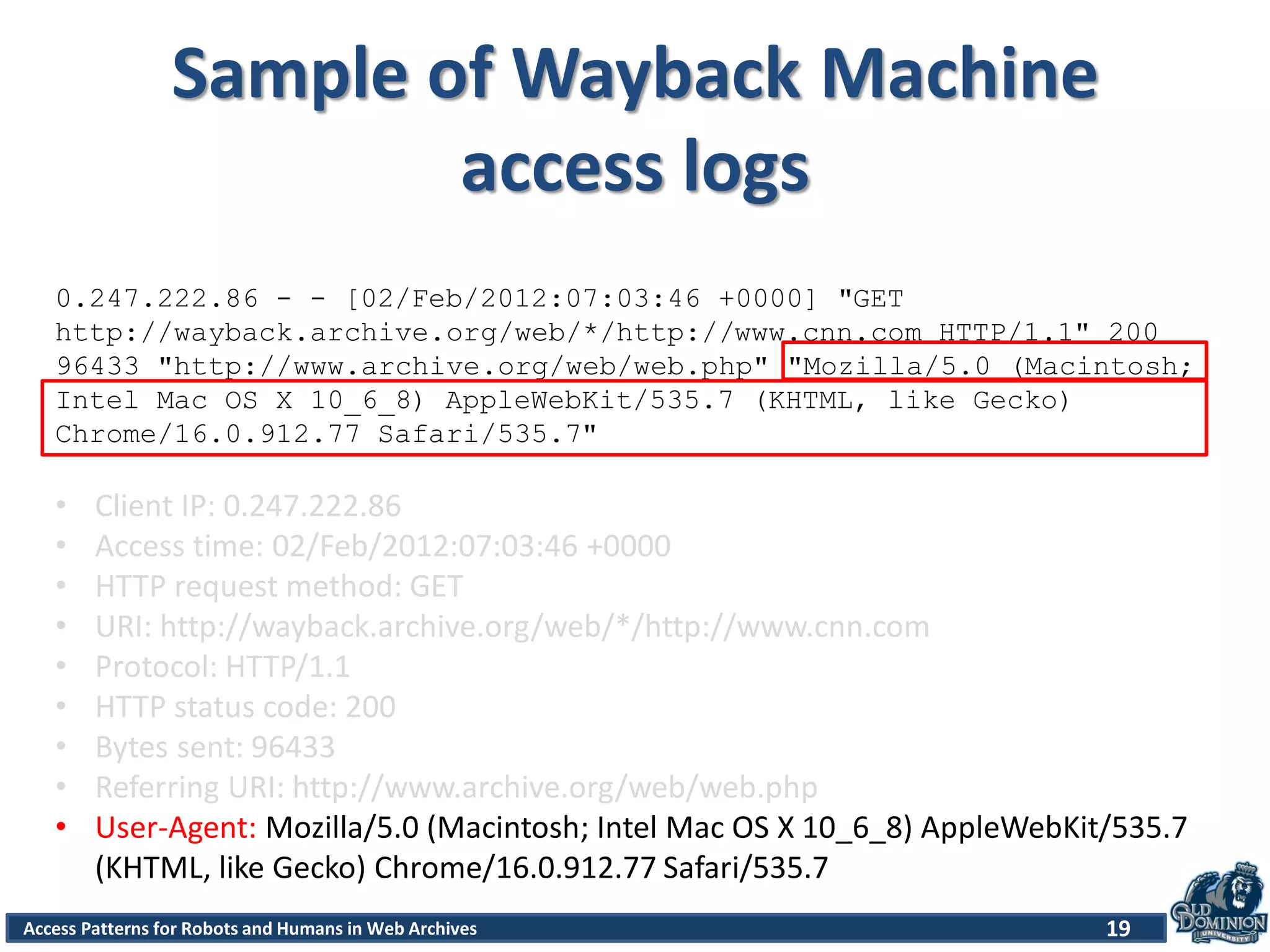 Access Patterns for Robots and Humans in Web Archives
Sample of Wayback Machine
access logs
19
0.247.222.86 - - [02/Feb/2012:07:03:46 +0000] "GET
http://wayback.archive.org/web/*/http://www.cnn.com HTTP/1.1" 200
96433 "http://www.archive.org/web/web.php" "Mozilla/5.0 (Macintosh;
Intel Mac OS X 10_6_8) AppleWebKit/535.7 (KHTML, like Gecko)
Chrome/16.0.912.77 Safari/535.7"
• Client IP: 0.247.222.86
• Access time: 02/Feb/2012:07:03:46 +0000
• HTTP request method: GET
• URI: http://wayback.archive.org/web/*/http://www.cnn.com
• Protocol: HTTP/1.1
• HTTP status code: 200
• Bytes sent: 96433
• Referring URI: http://www.archive.org/web/web.php
• User-Agent: Mozilla/5.0 (Macintosh; Intel Mac OS X 10_6_8) AppleWebKit/535.7
(KHTML, like Gecko) Chrome/16.0.912.77 Safari/535.7
 