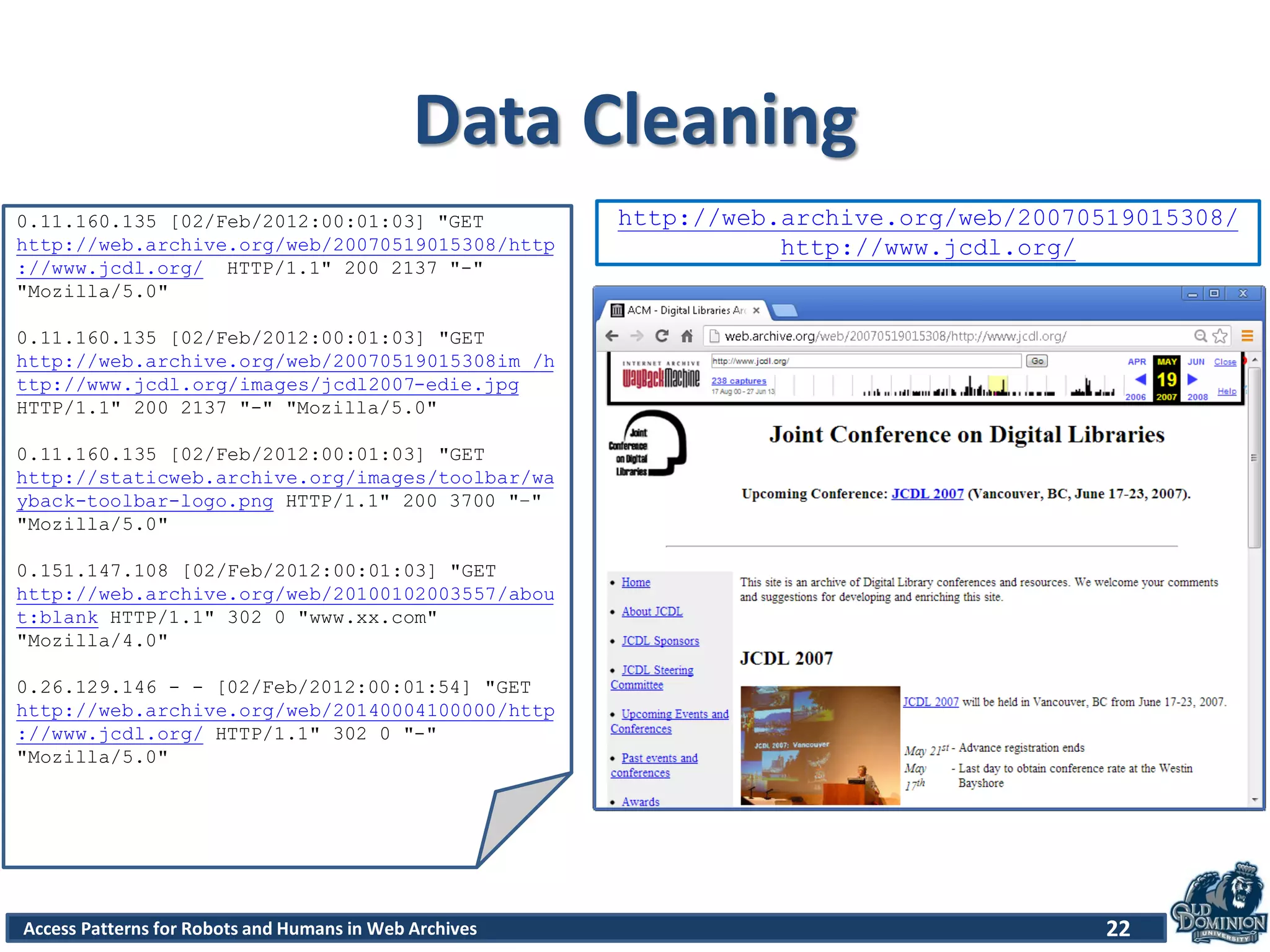 Access Patterns for Robots and Humans in Web Archives
Data Cleaning
22
0.11.160.135 [02/Feb/2012:00:01:03] "GET
http://web.archive.org/web/20070519015308/http
://www.jcdl.org/ HTTP/1.1" 200 2137 "-"
"Mozilla/5.0"
0.11.160.135 [02/Feb/2012:00:01:03] "GET
http://web.archive.org/web/20070519015308im_/h
ttp://www.jcdl.org/images/jcdl2007-edie.jpg
HTTP/1.1" 200 2137 "-" "Mozilla/5.0"
0.11.160.135 [02/Feb/2012:00:01:03] "GET
http://staticweb.archive.org/images/toolbar/wa
yback-toolbar-logo.png HTTP/1.1" 200 3700 "–"
"Mozilla/5.0"
0.151.147.108 [02/Feb/2012:00:01:03] "GET
http://web.archive.org/web/20100102003557/abou
t:blank HTTP/1.1" 302 0 "www.xx.com"
"Mozilla/4.0"
0.26.129.146 - - [02/Feb/2012:00:01:54] "GET
http://web.archive.org/web/20140004100000/http
://www.jcdl.org/ HTTP/1.1" 302 0 "-"
"Mozilla/5.0"
http://web.archive.org/web/20070519015308/
http://www.jcdl.org/
 