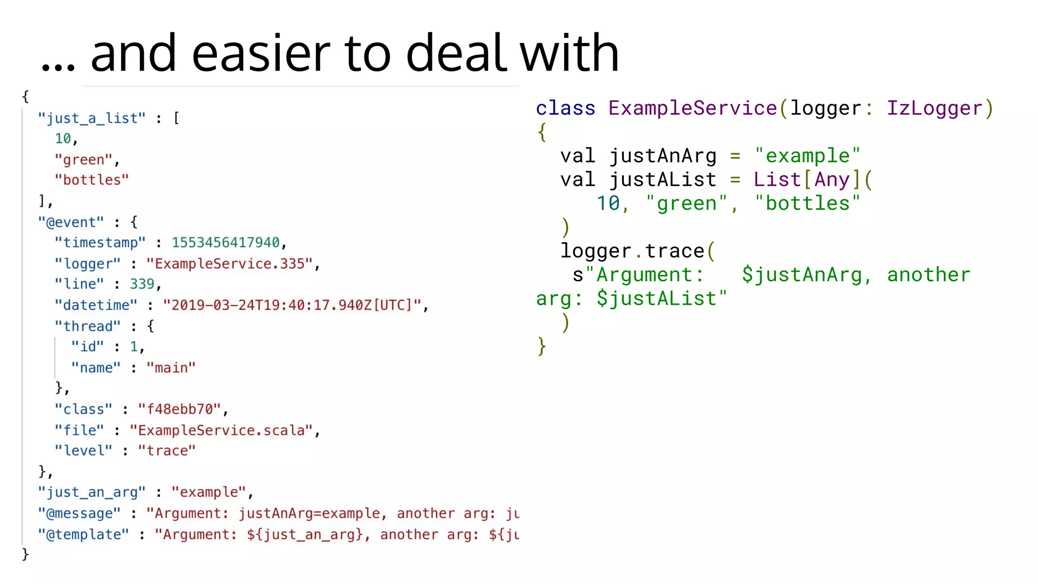 … and easier to deal with
class ExampleService(logger: IzLogger)
{
val justAnArg = "example"
val justAList = List[Any](
10, "green", "bottles"
)
logger.trace(
s"Argument: $justAnArg, another
arg: $justAList"
)
}
 