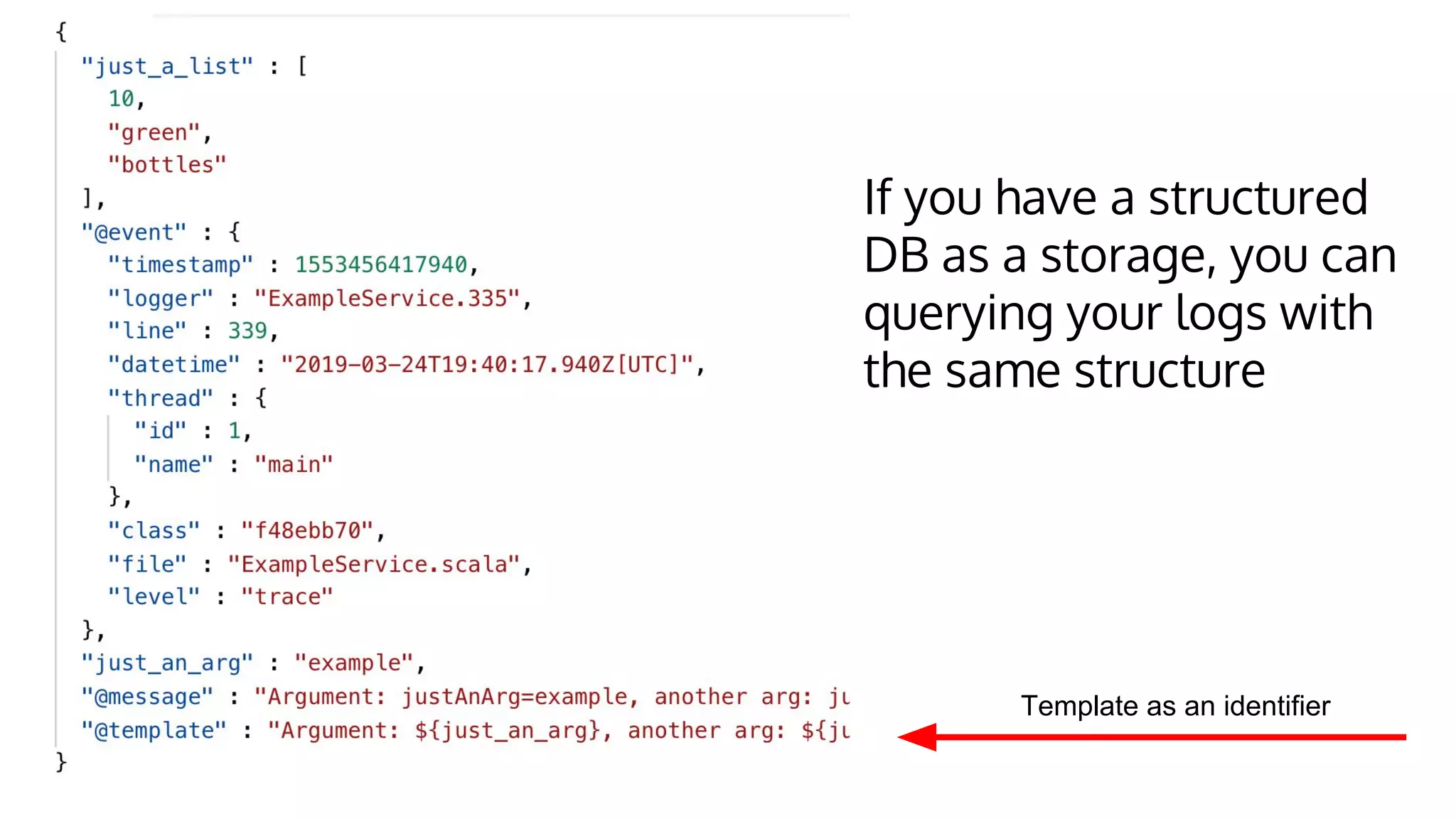 Template as an identifier
If you have a structured
DB as a storage, you can
querying your logs with
the same structure
 