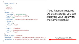 Template as an identifier
If you have a structured
DB as a storage, you can
querying your logs with
the same structure
 