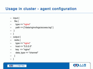 Usage in cluster - agent configuration

  –   input {
  –     file {
  –       type => "nginx"
  –       path => ["/data/n...