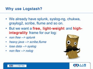 Why use Logstash?

• We already have splunk, syslog-ng, chukwa,
  graylog2, scribe, flume and so on.
• But we want a free,...