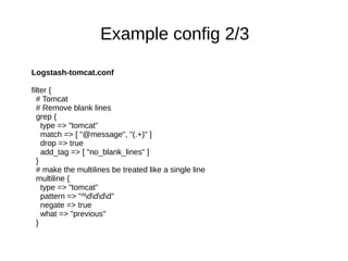 Example config 2/3
Logstash-tomcat.conf
filter {
# Tomcat
# Remove blank lines
grep {
type => "tomcat"
match => [ "@message", "(.+)" ]
drop => true
add_tag => [ "no_blank_lines" ]
}
# make the multilines be treated like a single line
multiline {
type => "tomcat"
pattern => "^dddd"
negate => true
what => "previous"
}
 