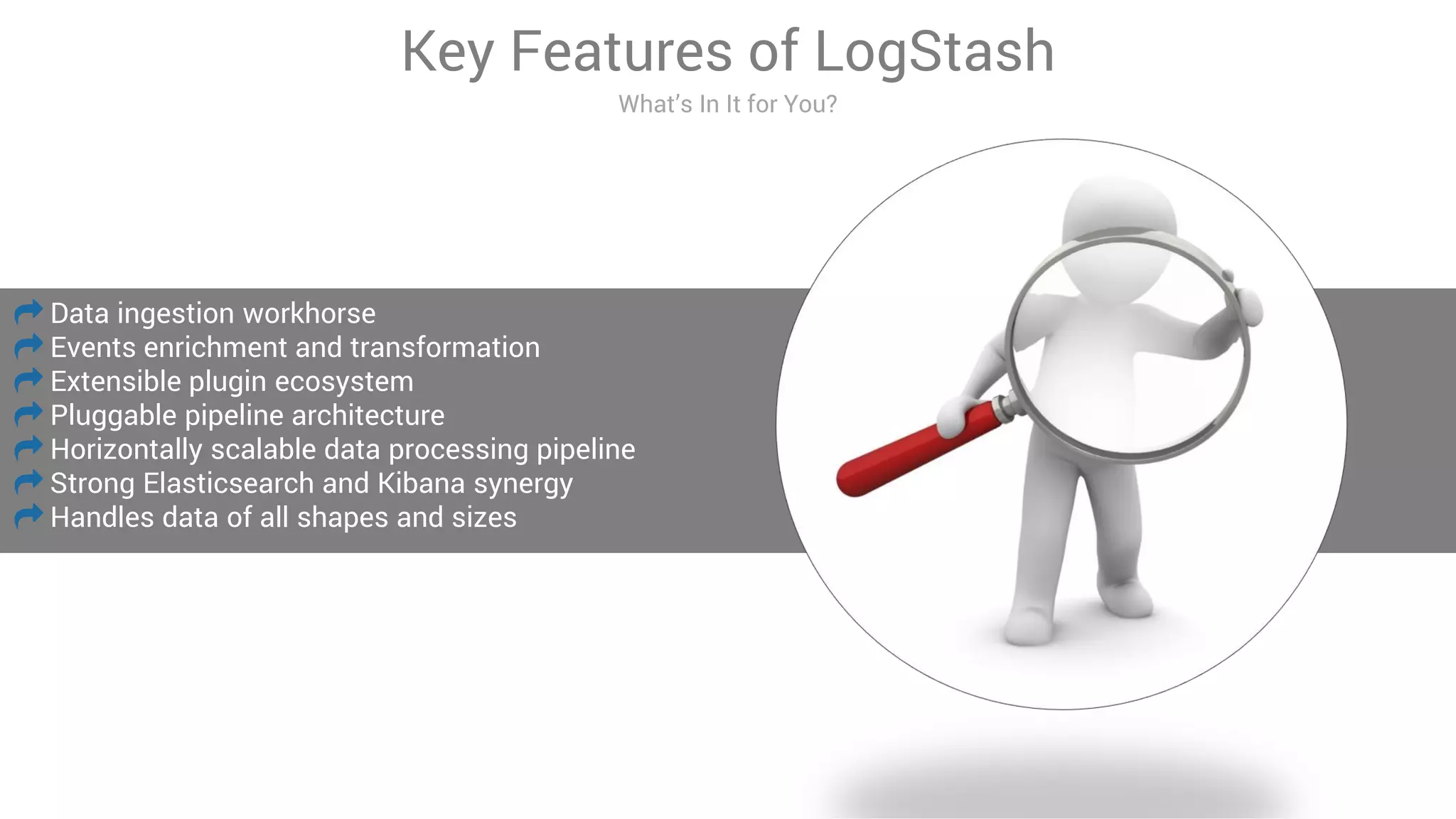 Data ingestion workhorse
Events enrichment and transformation
Extensible plugin ecosystem
Pluggable pipeline architecture
Horizontally scalable data processing pipeline
Strong Elasticsearch and Kibana synergy
Handles data of all shapes and sizes
Key Features of LogStash
What’s In It for You?
 