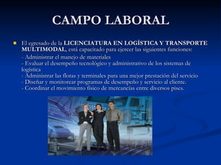 CAMPO LABORAL El egresado de la  LICENCIATURA EN LOGÍSTICA Y TRANSPORTE MULTIMODAL , está capacitado para ejercer las siguientes funciones: - Administrar el manejo de materiales  - Evaluar el desempeño tecnológico y administrativo de los sistemas de logística - Administrar las flotas y terminales para una mejor prestación del servicio - Diseñar y monitorear programas de desempeño y servicio al cliente.  - Coordinar el movimiento físico de mercancías entre diversos pises.  