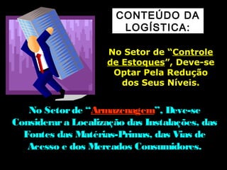 CONTEÚDO DA 
LOGÍSTICA: 
NNoo SSeettoorr ddee ““CCoonnttrroollee 
ddee EEssttooqquueess””,, DDeevvee--ssee 
OOppttaarr PPeellaa RReedduuççããoo 
ddooss SSeeuuss NNíívveeiiss.. 
NNoo SSeettoorr ddee ““AArrmmaazzeennaaggeemm””,, DDeevvee--ssee 
CCoonnssiiddeerraarr aa LLooccaalliizzaaççããoo ddaass IInnssttaallaaççõõeess,, ddaass 
FFoonntteess ddaass MMaattéérriiaass--PPrriimmaass,, ddaass VViiaass ddee 
AAcceessssoo ee ddooss MMeerrccaaddooss CCoonnssuummiiddoorreess.. 
 