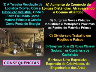 3) A Terceira Revolução da
Logística Ocorreu Com a
Revolução Industrial, Onde o
Ferro Foi Usado Como
Matéria Prima e o Carvão
Como Fonte de Energia
CONSEQUÊNCIAS
A) Aumento do Comércio de
Longas Distâncias, Atravessando
o Oceano Atlântico
B) Surgiram Novas Cidades
Industriais e Metrópoles Próximas
às Fontes de Matérias Primas
C) Dividiu-se o Trabalho em
Regiões e Países
D) Surgiram Duas (2) Novas Classes
Sociais: _ os Operários e os
Capitalistas
E) Houve Uma Expressiva
Expansão da Criatividade, da
Engenharia e das Artes
 