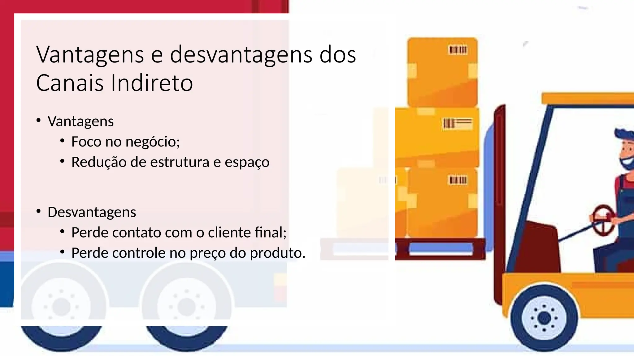Vantagens e desvantagens dos
Canais Indireto
• Vantagens
• Foco no negócio;
• Redução de estrutura e espaço
• Desvantagens
• Perde contato com o cliente final;
• Perde controle no preço do produto.
 