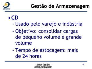 CD Usado pelo varejo e indústria Objetivo: consolidar cargas de pequeno volume e grande volume Tempo de estocagem: mais de 24 horas Gestão de Armazenagem 