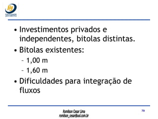 Investimentos privados e independentes, bitolas distintas. Bitolas existentes: 1,00 m 1,60 m Dificuldades para integração de fluxos 