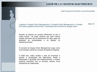 Logística e Supply Chain Management | A Supply Chain Management e a Gestão da Cadeia Logística  End-to-End  |  Explanação do Conceito de  Supply Chain Quando se adquire um produto dificilmente se tem a noção exacta  do longo caminho que esse mesmo produto percorreu até se transformar em algo capaz de satisfazer as necessidades e os desejos do cliente/consumidor. O conceito de  Supply Chain Management  surgiu como uma evolução natural do conceito de logística integrada. A SCM veio, então, facilitar a rede de empresas e permitir a visualização das alternativas, desde a distribuição à aquisição das matérias-primas, o mesmo podendo acontecer com os serviços, sempre numa perspectiva de colaboração. Slide 10 