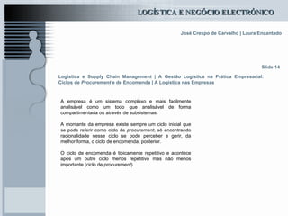 Logística e Supply Chain Management | A Gestão Logística na Prática Empresarial: Ciclos de  Procurement  e de Encomenda | A Logística nas Empresas A empresa é um sistema complexo e mais facilmente analisável como um todo que analisável de forma compartimentada ou através de subsistemas. A montante da empresa existe sempre um ciclo inicial que se pode referir como ciclo de  procurement , só encontrando racionalidade nesse ciclo se pode perceber e gerir, da melhor forma, o ciclo de encomenda, posterior. O ciclo de encomenda é tipicamente repetitivo e acontece após um outro ciclo menos repetitivo mas não menos importante (ciclo de  procurement ).  Slide 14 