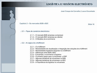 Capítulo 2 – Os mercados B2B e B2C .: 2.1 – Tipos de comércio electrónico 2.1.1 – O mercado B2B (empresa a empresa) 2.1.2 – O mercado B2C (empresa ao cliente) 2.1.3 – O Modelos de e-commerce .: 2.2 – A Lógica do  e-fulfilment 2.2.1 – O e-fulfilment 2.2.2 – Necessidades de visualização e integração das soluções de e-fulfilment 2.2.3 – Necessidades logísticas tangíveis no e-fulfilment  2.2.4 – Diferenças entre B2B e B2C 2.2.5 – E-business, e-commerce e logística 2.2.6 – O primeiro passo para o e-business: o ERP 2.2.7 – Algumas tentativas de e-business no B2B 2.2.8 – Algumas tentativas de e-business no B2C 2.2.9 – A importância da logística no e-business Slide 16 