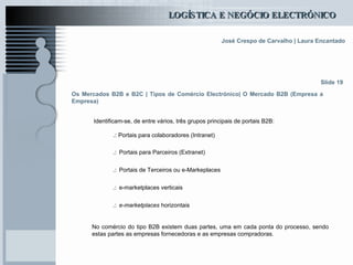 Os Mercados B2B e B2C | Tipos de Comércio Electrónico| O Mercado B2B (Empresa a Empresa) Identificam-se, de entre vários, três grupos principais de portais B2B: .:  Portais para colaboradores (Intranet) .:   Portais para Parceiros (Extranet)   .:   Portais de Terceiros ou e-Markeplaces .:   e-marketplaces verticais .:   e-marketplaces  horizontais Slide 19 No comércio do tipo B2B existem duas partes, uma em cada ponta do processo, sendo estas partes as empresas fornecedoras e as empresas compradoras. 