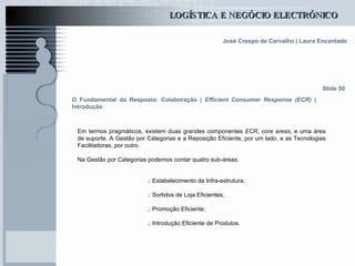 O Fundamental da Resposta: Colaboração |  Efficient Consumer Response (ECR)  |  Introdução   Em termos pragmáticos, existem duas grandes componentes  ECR ,  core areas , e uma área de suporte. A Gestão por Categorias e a Reposição Eficiente, por um lado, e as Tecnologias Facilitadoras, por outro.  Na Gestão por Categorias podemos contar quatro sub-áreas: Slide 50 .:  Estabelecimento da Infra-estrutura; .:  Sortidos de Loja Eficientes;  .:  Promoção Eficiente; .:  Introdução Eficiente de Produtos. 