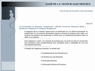 O Fundamental da Resposta: Colaboração |  Efficient Consumer Response (ECR)  | Gestão por Categorias ou  Category Management A categoria não é a maneira natural como um distribuidor (ou um cliente empresarial, no sentido lato) ou um produtor (fornecedor) agrupa e encara os produtos mas, antes, um conjunto de produtos que evidenciam a forma como os clientes/consumidores finais os vêem e os compram.  Uma categoria é, assim, um conjunto de produtos que, do ponto de vista do consumidor são encarados como complementares e/ou substitutos para a satisfação de uma sua necessidade específica. A Gestão de Categorias incorpora, no sentido lato:  Slide 52 .:  O estabelecimento da Infra-Estrutura; .:  Os Sortidos de Loja Eficientes; .:  A Promoção Eficiente; .:  A Introdução Eficiente de Produtos. 