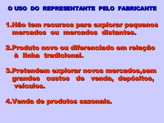 O USO  DO  REPRESENTANTE  PELO  FABRICANTE Não tem recursos para explorar pequenos mercados  ou  mercados  distantes. 2.Produto novo ou diferenciado em relação à  linha  tradicional. 3.Pretendem explorar novos mercados,sem grandes  custos  de  venda,  depósitos, veículos. 4.Venda de produtos sazonais. 