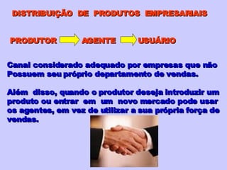 PRODUTOR  AGENTE  USUÁRIO Canal considerado adequado por empresas que não Possuem seu próprio departamento de vendas. Além  disso, quando o produtor deseja introduzir um produto ou entrar  em  um  novo mercado pode usar os agentes, em vez de utilizar a sua própria força de vendas. DISTRIBUIÇÃO  DE  PRODUTOS  EMPRESARIAIS 