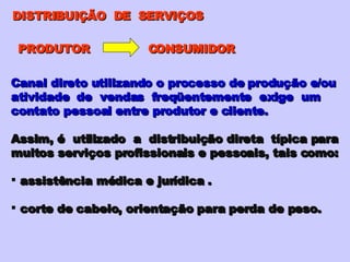 DISTRIBUIÇÃO  DE  SERVIÇOS PRODUTOR  CONSUMIDOR Canal direto utilizando o processo de produção e/ou atividade  de  vendas  freqüentemente  exige  um  contato pessoal entre produtor e cliente. Assim, é  utilizado  a  distribuição direta  típica para muitos serviços profissionais e pessoais, tais como: assistência médica e jurídica . corte de cabelo, orientação para perda de peso. 