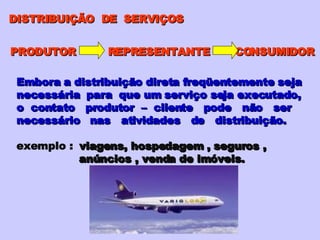 DISTRIBUIÇÃO  DE  SERVIÇOS PRODUTOR  REPRESENTANTE  CONSUMIDOR Embora a distribuição direta freqüentemente seja necessária  para  que um serviço seja executado, o  contato  produtor  –  cliente  pode  não  ser  necessário  nas  atividades  de  distribuição. exemplo :  viagens, hospedagem , seguros ,  anúncios , venda de imóveis. 