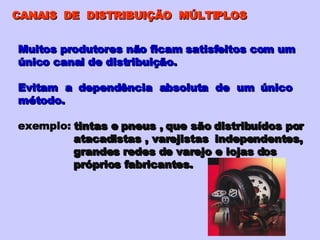 CANAIS  DE  DISTRIBUIÇÃO  MÚLTIPLOS Muitos produtores não ficam satisfeitos com um único canal de distribuição. Evitam  a  dependência  absoluta  de  um  único  método.  exemplo:  tintas e pneus , que são distribuídos por atacadistas , varejistas  independentes, grandes redes de varejo e lojas dos próprios fabricantes. 