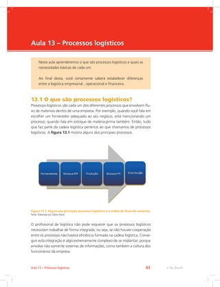 -
e-Tec Brasil63Aula 13 – Processos logísticos
Aula 13 – Processos logísticos
13.1 O que são processos logísticos?
Processos logísticos são cada um dos diferentes processos que envolvem flu-
xo de materiais dentro de uma empresa. Por exemplo, quando você fala em
escolher um fornecedor adequado ao seu negócio, está mencionando um
processo; quando fala em estoque de matéria-prima também. Então, tudo
que faz parte da cadeia logística pertence ao que chamamos de processos
logísticos. A figura 13.1 mostra alguns dos principais processos.
Figura 13.1: Alguns dos principais processos logísticos e a ordem do fluxo de materiais.
Fonte: Elaborado por Glávio Paura
O profissional de logística não pode esquecer que os processos logísticos
necessitam trabalhar de forma integrada, ou seja, se não houver cooperação
entre os processos não haverá eficiência formada na cadeia logística. Conse-
guir esta integração é algo extremamente complexo de se implantar, porque
envolve não somente sistemas de informações, como também a cultura dos
funcionários da empresa.
Nesta aula aprenderemos o que são processos logísticos e quais as
necessidades básicas de cada um.
Ao final desta, você certamente saberá estabelecer diferenças
entre a logística empresarial , operacional e financeira.
 