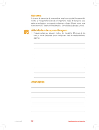 Resumo
O sistema de transporte de uma região é fator imprescindível de desenvolvi-
mento. O transporte ferroviário é um importante modal de transporte para
países e regiões com grandes dimensões geográficas. O Brasil possui uma
malha ferroviária extremamente deficitária comparada aos Estados Unidos.
Atividades de aprendizagem
•	 Pesquise países que possuem malhas de transporte diferentes da do
Brasil, a fim de comprovar que o transporte é fator de desenvolvimento
regional.
Anotações
Fundamentos da Logísticae-Tec Brasil 70
 