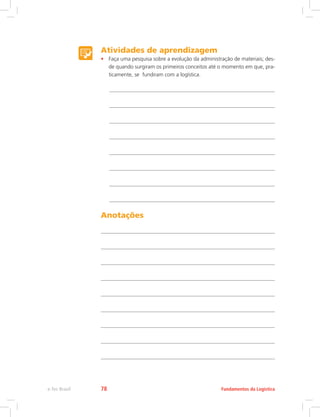 Atividades de aprendizagem
•	 Faça uma pesquisa sobre a evolução da administração de materiais; des-
de quando surgiram os primeiros conceitos até o momento em que, pra-
ticamente, se fundiram com a logística.
Anotações
Fundamentos da Logísticae-Tec Brasil 78
 