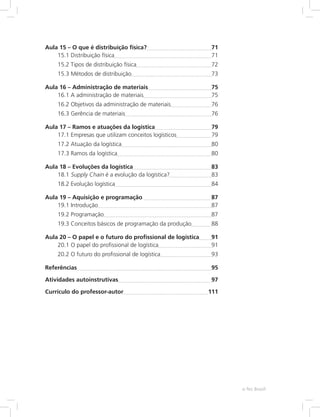 e-Tec Brasil
Aula 15 – O que é distribuição física?	 71
15.1 Distribuição física	 71
15.2 Tipos de distribuição física	 72
15.3 Métodos de distribuição	 73
Aula 16 – Administração de materiais	 75
16.1 A administração de materiais	 75
16.2 Objetivos da administração de materiais	 76
16.3 Gerência de materiais	 76
Aula 17 – Ramos e atuações da logística	 79
17.1 Empresas que utilizam conceitos logísticos	 79
17.2 Atuação da logística	 80
17.3 Ramos da logística	 80
Aula 18 – Evoluções da logística	 83
18.1 Supply Chain é a evolução da logística?	 83
18.2 Evolução logística	 84
Aula 19 – Aquisição e programação 	 87
19.1 Introdução	 87
19.2 Programação	 87
19.3 Conceitos básicos de programação da produção	 88
Aula 20 – O papel e o futuro do profissional de logística	 91
20.1 O papel do profissional de logística	 91
20.2 O futuro do profissional de logística	 93
Referências	 95
Atividades autoinstrutivas	 97
Currículo do professor-autor	 111
 