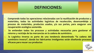 1. Comprende todas las operaciones relacionadas con la reutilización de productos y
materiales, todas las actividades logísticas de recolección, desensamblaje y
proceso de materiales, productos usados, y/o sus partes, para asegurar una
recuperación ecológica sostenida.
2. Se entienden todos los procesos y actividades necesarias para gestionar el
retorno y reciclaje de las mercancías en la cadena de suministro.
3. la Logística Inversa es parte de una tendencia denominada “la cadena del
suministro inversa", donde los fabricantes inteligentes están diseñando procesos
eficaces para reusar sus productos
DEFINICIONES:
 