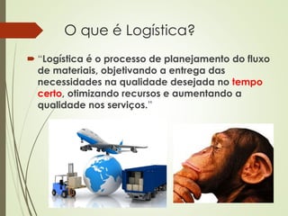 O que é Logística?
 “Logística é o processo de planejamento do fluxo
de materiais, objetivando a entrega das
necessidades na qualidade desejada no tempo
certo, otimizando recursos e aumentando a
qualidade nos serviços.”
 