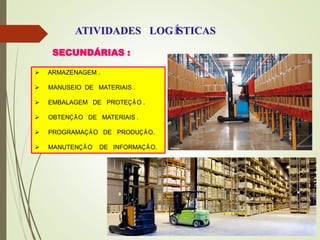 ATIVIDADES LOGÍSTICAS
SECUNDÁRIAS :
 ARMAZENAGEM .
 MANUSEIO DE MATERIAIS .
 EMBALAGEM DE PROTEÇÃO .
 OBTENÇÃO DE MATERIAIS .
 PROGRAMAÇÃO DE PRODUÇÃO.
 MANUTENÇÃO DE INFORMAÇÃO.
 