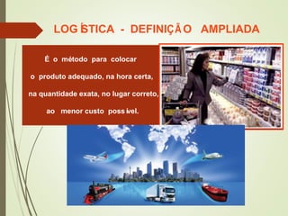 LOGÍSTICA - DEFINIÇÃ O AMPLIADA
É o método para colocar
o produto adequado, na hora certa,
na quantidade exata, no lugar correto,
ao menor custo possível.
 