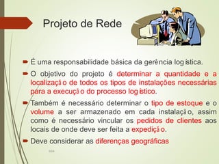 SI04
Projeto de Rede
 É uma responsabilidade básica da gerência logística.
 O objetivo do projeto é determinar a quantidade e a
localizaçã o de todos os tipos de instalações necessárias
para a execuçã o do processo logístico.
 Também é necessário determinar o tipo de estoque e o
volume a ser armazenado em cada instalaçã o, assim
como é necessário vincular os pedidos de clientes aos
locais de onde deve ser feita a expediçã o.
 Deve considerar as diferenças geográficas
 