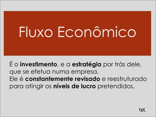 Fluxo Econômico
É o investimento, e a estratégia por trás dele,
que se efetua numa empresa.
Ele é constantemente revisado e reestruturado
para atingir os níveis de lucro pretendidos.
 