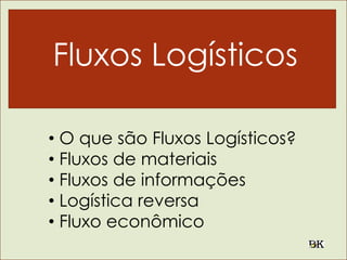 Fluxos Logísticos
• O que são Fluxos Logísticos?
• Fluxos de materiais
• Fluxos de informações
• Logística reversa
• Fluxo econômico
 