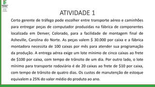 ATIVIDADE 1
Certo gerente de tráfego pode escolher entre transporte aéreo e caminhões
para entregar peças de computador produzidas na fábrica de componentes
localizada em Denver, Colorado, para a facilidade de montagem final de
Asheville, Carolina do Norte. As peças valem $ 30.000 por caixa e a fábrica
montadora necessita de 100 caixas por mês para atender sua programação
da produção. A entrega aérea exige um lote mínimo de cinco caixas ao frete
de $100 por caixa, com tempo de trânsito de um dia. Por outro lado, o lote
mínimo para transporte rodoviário é de 20 caixas ao frete de $10 por caixa,
com tempo de trânsito de quatro dias. Os custos de manutenção de estoque
equivalem a 25% do valor médio do produto ao ano.
 