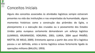 Conceitos Iniciais
Alguns dos conceitos associados às atividades logísticas sempre estiveram
presentes na vida das instituições e nas empreitadas da humanidade, alguns
momentos históricos como a construção das pirâmides do Egito, o
planejamento e a execução das cruzadas ou o povoamento dos Estados
Unidos pelos europeus certamente demandaram um esforço logístico
(LUMMUS; KRUMWIEDE; VOKURKA, 2001; LUKKA, 2004 apud PAIXÃO;
MOTTA; DE MELO, 2009). Entretanto apenas a partir dos anos 50 a logística
passou a ser definida, antes o termo logística estava fortemente ligado às
operações militares (BALLOU, 1993).
 