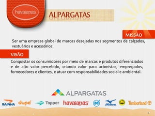 MISSÃO
VISÃO
Ser uma empresa global de marcas desejadas nos segmentos de calçados,
vestuários e acessórios.
Conquistar os consumidores por meio de marcas e produtos diferenciados
e de alto valor percebido, criando valor para acionistas, empregados,
fornecedores e clientes, e atuar com responsabilidades social e ambiental.
4
 