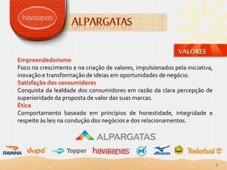 VALORES
Empreendedorismo
Foco no crescimento e na criação de valores, impulsionados pela iniciativa,
inovação e transformação de ideias em oportunidades de negócio.
Satisfação dos consumidores
Conquista da lealdade dos consumidores em razão da clara percepção de
superioridade da proposta de valor das suas marcas.
Ética
Comportamento baseado em princípios de honestidade, integridade e
respeito às leis na condução dos negócios e dos relacionamentos.
6
 
