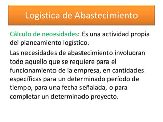 Logística de Abastecimiento 
Cálculo de necesidades: Es una actividad propia 
del planeamiento logístico. 
Las necesidades de abastecimiento involucran 
todo aquello que se requiere para el 
funcionamiento de la empresa, en cantidades 
específicas para un determinado período de 
tiempo, para una fecha señalada, o para 
completar un determinado proyecto. 
 