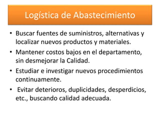 Logística de Abastecimiento 
• Buscar fuentes de suministros, alternativas y 
localizar nuevos productos y materiales. 
• Mantener costos bajos en el departamento, 
sin desmejorar la Calidad. 
• Estudiar e investigar nuevos procedimientos 
continuamente. 
• Evitar deterioros, duplicidades, desperdicios, 
etc., buscando calidad adecuada. 
 