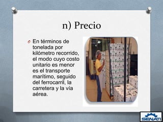 n) Precio
O En términos de
 tonelada por
 kilómetro recorrido,
 el modo cuyo costo
 unitario es menor
 es el transporte
 marítimo, seguido
 del ferrocarril, la
 carretera y la vía
 aérea.
 